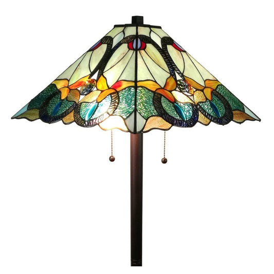 62" Espresso Two Light Torchiere Floor Lamp With Blue Flowers Glass Cone Shade