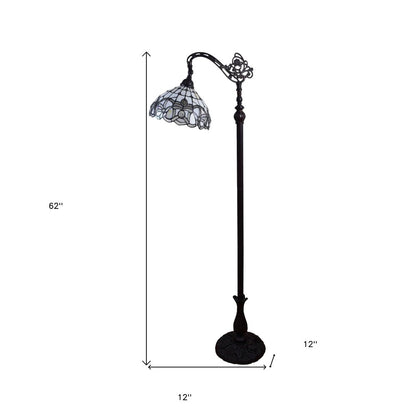 62" Brown And White Torchiere Floor Lamp With White Flowers Glass Dome Shade