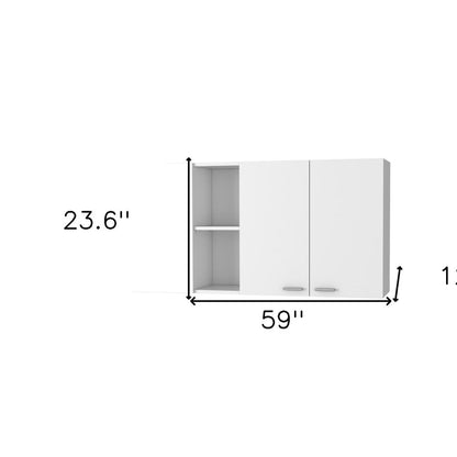 59" White Wood Wall Mounted Accent Cabinet With Four Doors