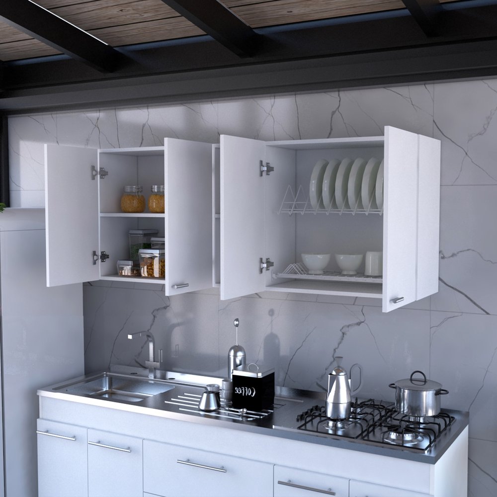 59" White Wood Wall Mounted Accent Cabinet With Four Doors