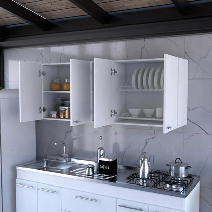 59" White Wood Wall Mounted Accent Cabinet With Four Doors