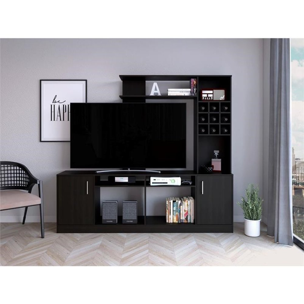 78" Black Particle Board Open Shelving Entertainment Center