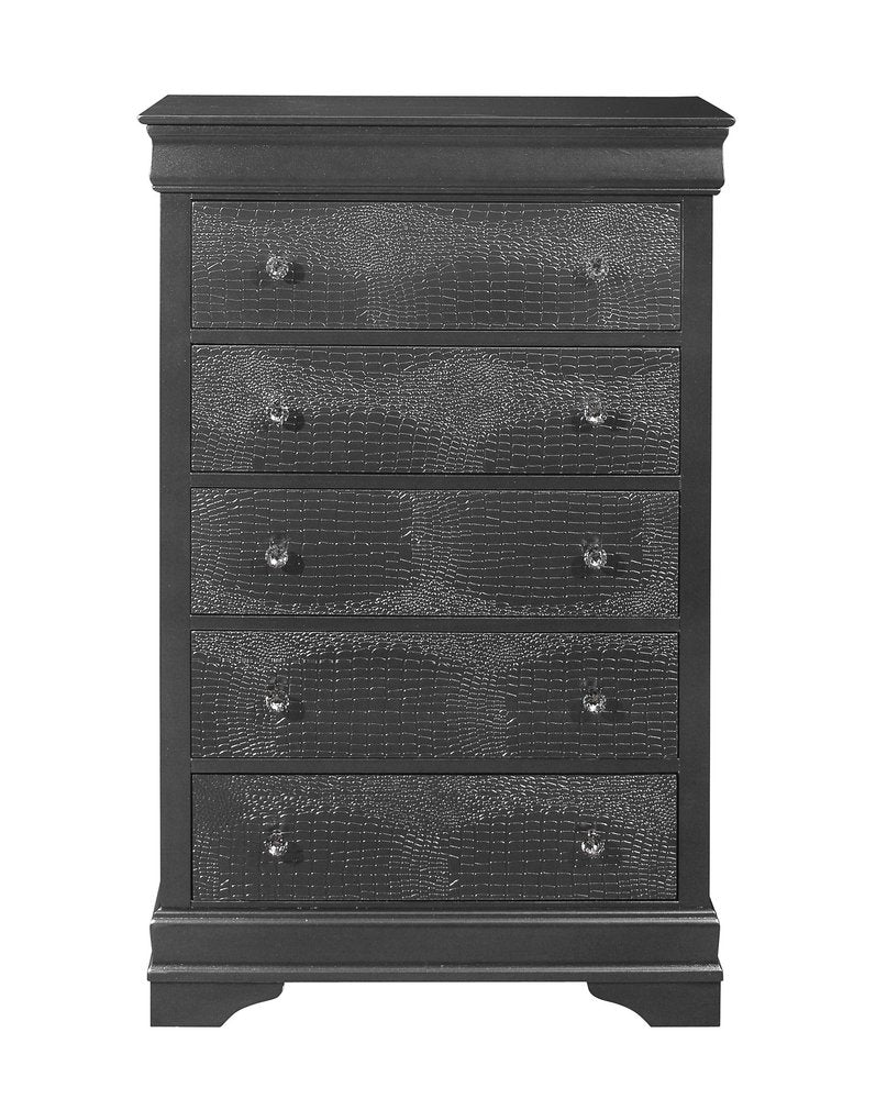 Cómoda de cinco cajones de madera maciza gris metalizada de 31"