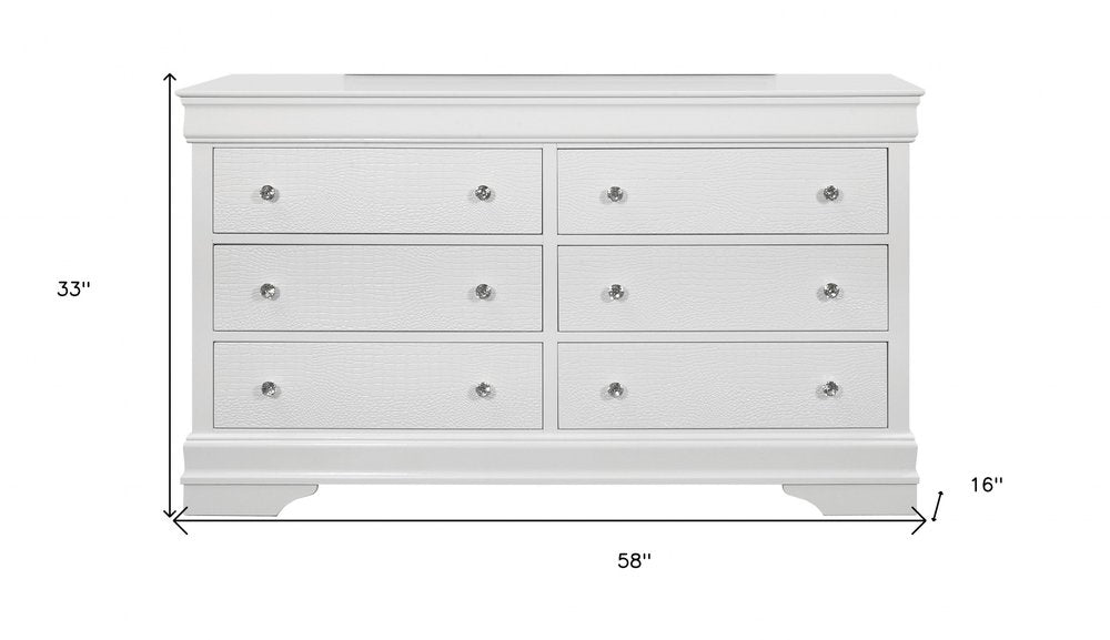 Cómoda doble de seis cajones de madera maciza blanca metalizada de 58"