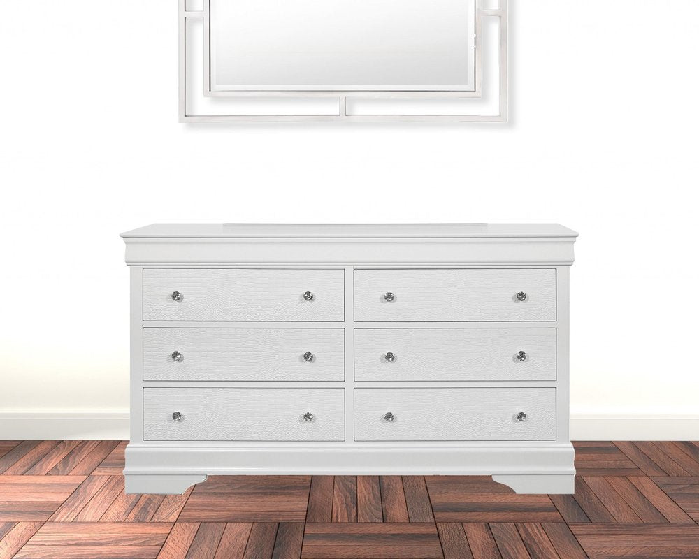 Cómoda doble de seis cajones de madera maciza blanca metalizada de 58"