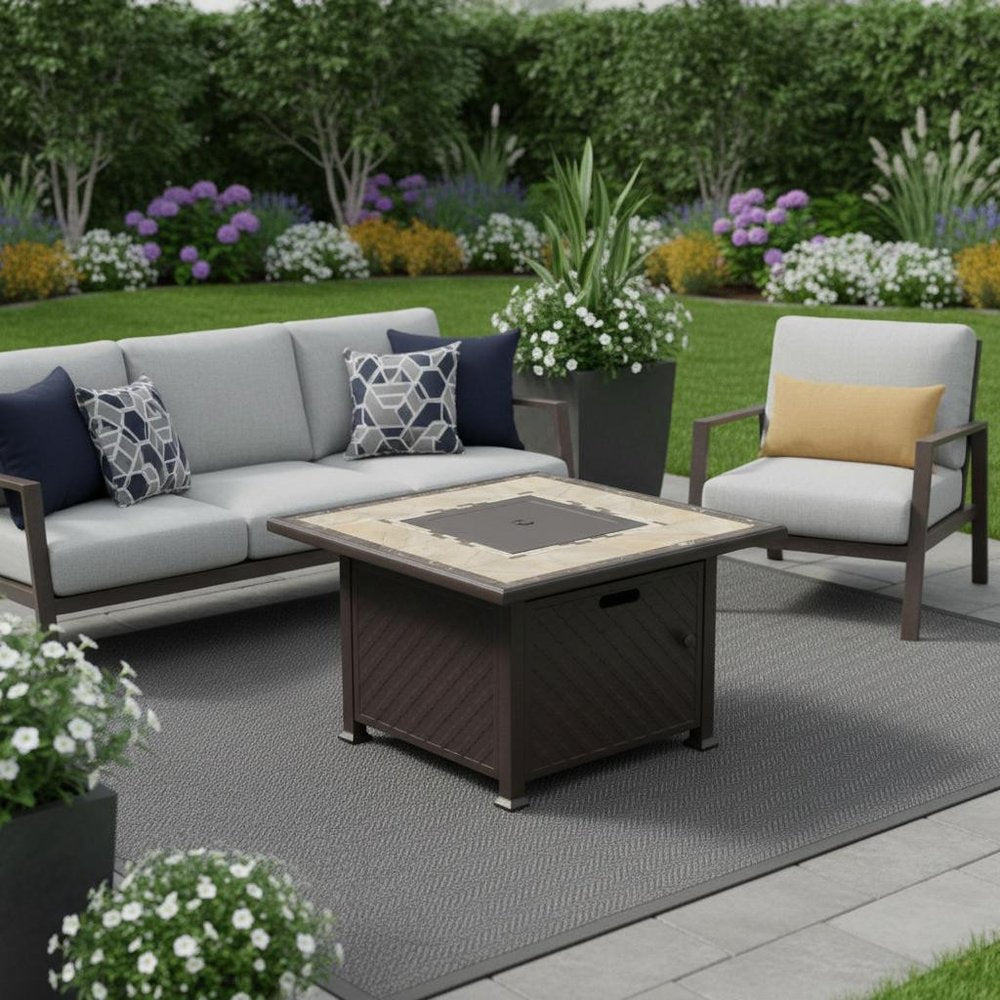 50000 BTU 40" Black And Brown Steel Propane Square Fire pit table With Cover