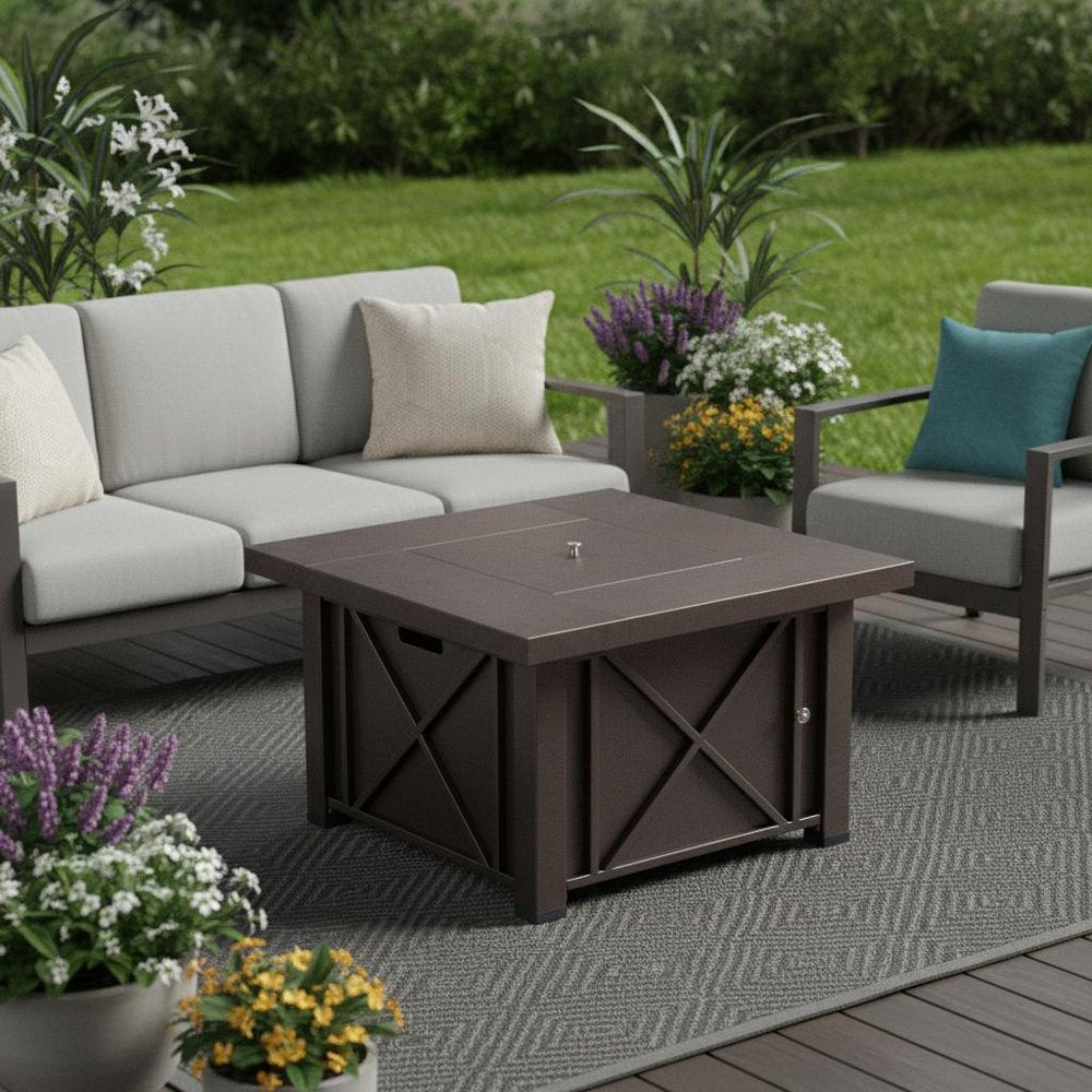 40000 BTU 38" Antiqued Bronze Steel Propane Square Fire pit table With Cover