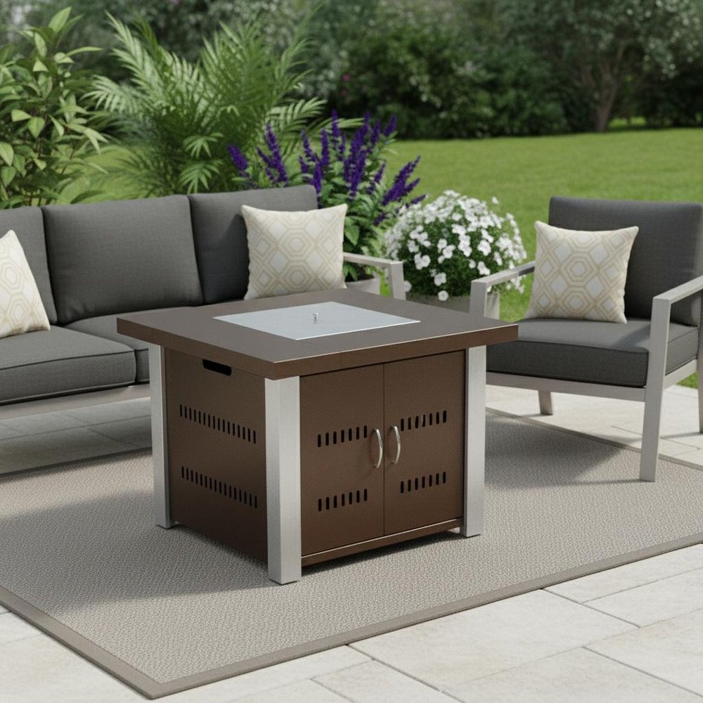 40000 BTU 38" Antiqued Bronze And Silver Steel Propane Square Fire pit table With Cover