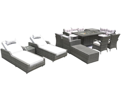 Twelve Piece Gray Wicker Multiple Chairs Seating Group With Fire Pit And Table