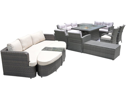 Eleven Piece Gray Wicker Multiple Chairs Seating Group With Fire Pit And Table