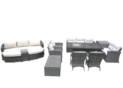 Eleven Piece Gray Wicker Multiple Chairs Seating Group With Fire Pit And Table