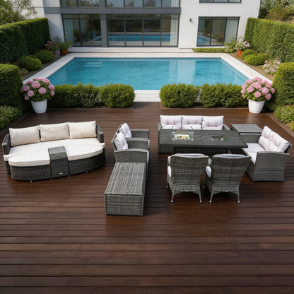 Eleven Piece Gray Wicker Multiple Chairs Seating Group With Fire Pit And Table