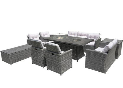 Nine Piece Gray Wicker Multiple Chairs Seating Group With Fire Pit And Table
