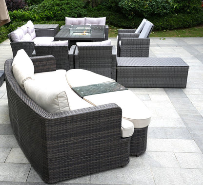 Ten Piece Gray Wicker Multiple Chairs Seating Group With Fire Pit And Table