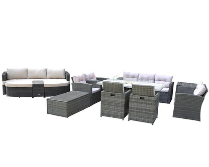 Eleven Piece Gray Wicker Multiple Chairs Seating Group With Fire Pit And Table