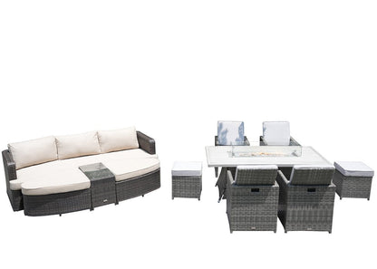 Nine Piece Gray Wicker Multiple Chairs Seating Group With Fire Pit And Table