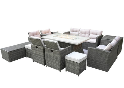 Eleven Piece Gray Wicker Multiple Chairs Seating Group With Fire Pit And Table