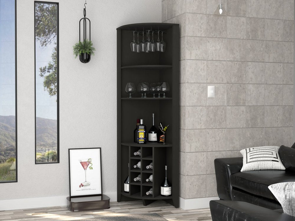 Mueble bar esquinero de madera negra de 71"