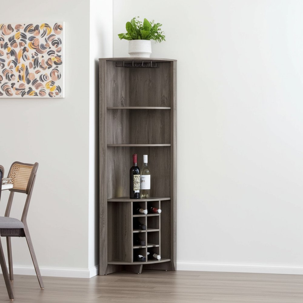 71" Dark Brown Wood Corner Bar Cabinet