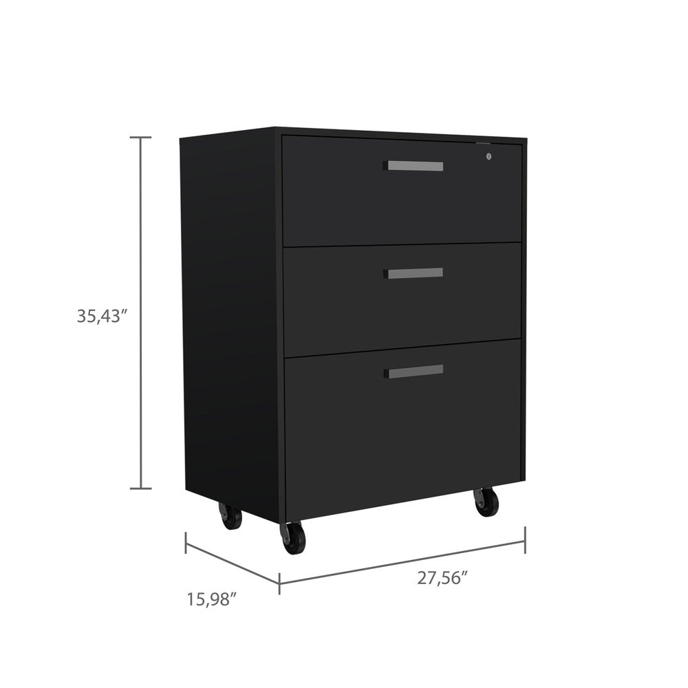 35" Black Wood Three Drawers Filing Cabinet