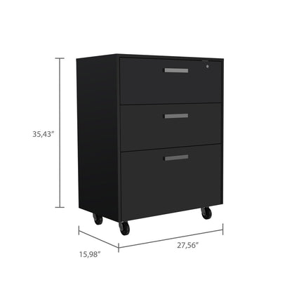 35" Black Wood Three Drawers Filing Cabinet