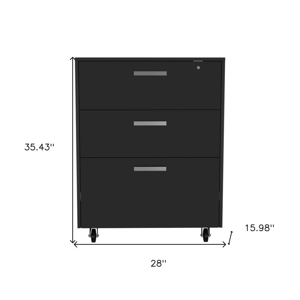 35" Black Wood Three Drawers Filing Cabinet