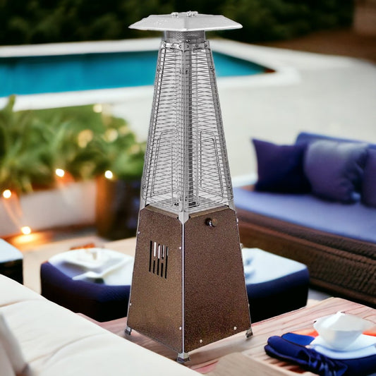 Calentador de patio de sobremesa triangular tipo pirámide de propano, de acero y bronce, de 9500 BTU
