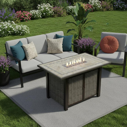 50000 BTU 60" Brown And Clear Glass, Steel Propane Rectangular Fire pit table With Cover