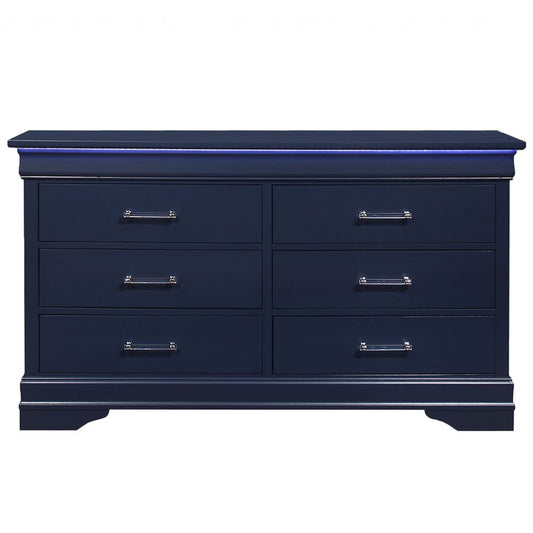 Cómoda doble de seis cajones de madera maciza azul de 59"
