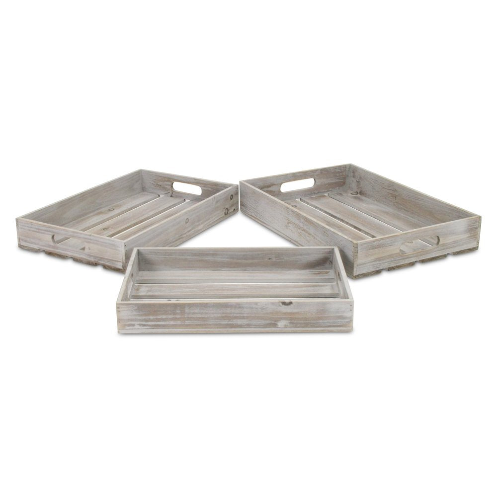 Bandeja rectangular de madera gris de 19" hecha a mano con asas