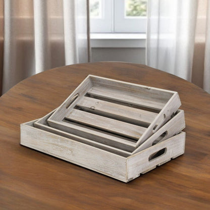 Bandeja rectangular de madera gris de 19" hecha a mano con asas