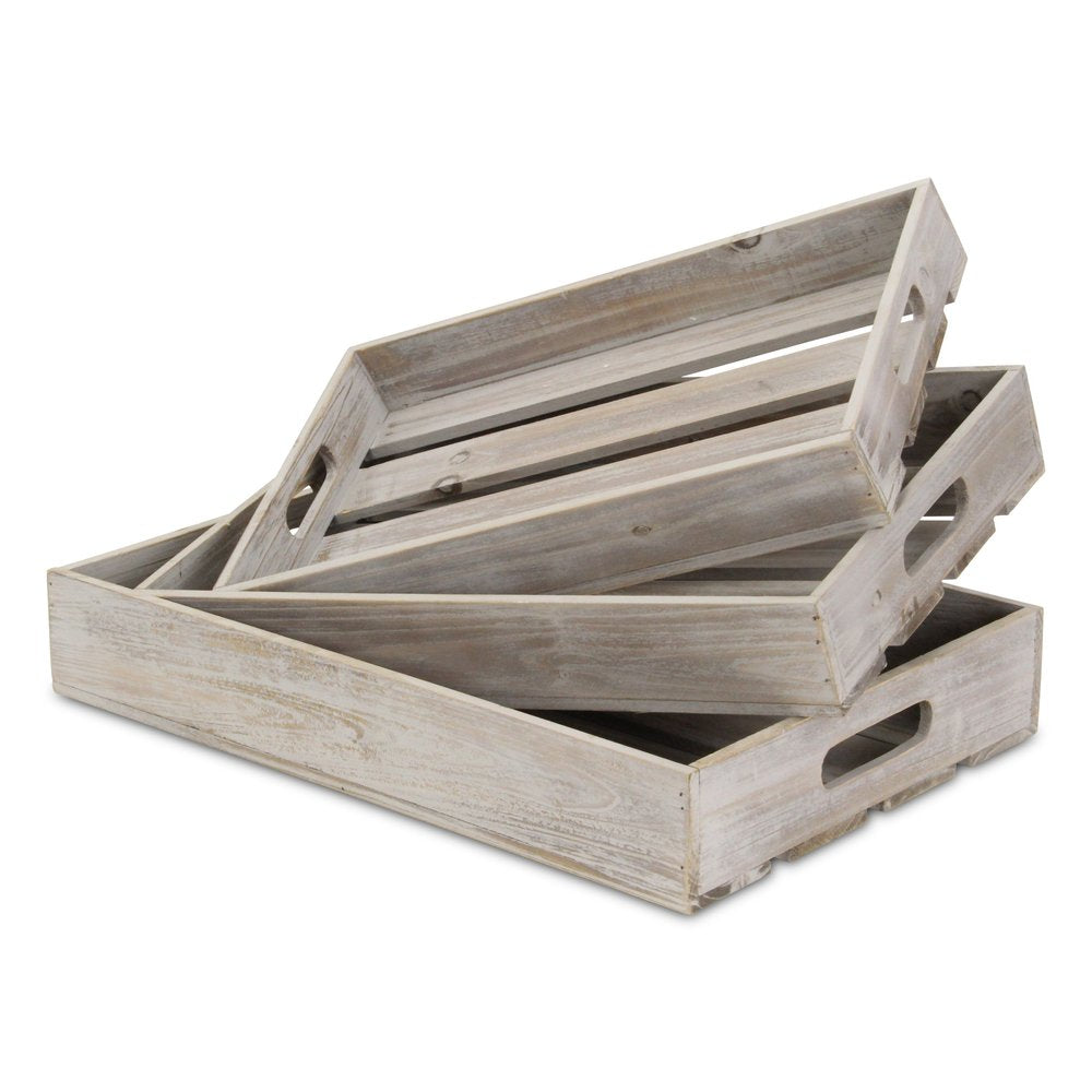 Bandeja rectangular de madera gris de 19" hecha a mano con asas