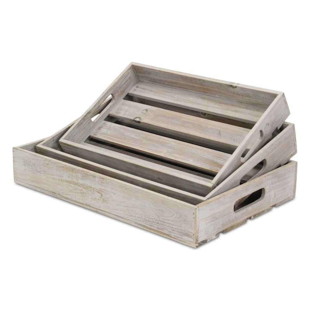 Bandeja rectangular de madera gris de 19" hecha a mano con asas
