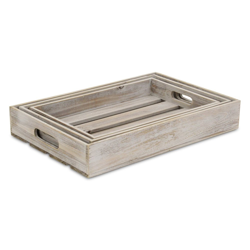 Bandeja rectangular de madera gris de 19" hecha a mano con asas
