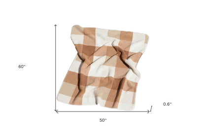 50" X 60" Ivory And Taupe Faux Sherpa Plaid Throw Blanket