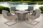 Five Piece Gray and Moss Green Wicker Upholstered Cushions Outdoor Patio Set With Fire Pit And Table