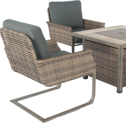 Five Piece Gray and Moss Green Wicker Upholstered Cushions Outdoor Patio Set With Fire Pit And Table