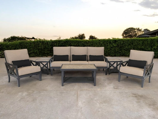 Six Piece Gray Metal Sectional Seating Group With Table