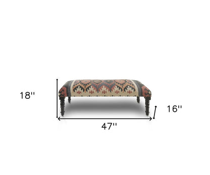 47" Beige Brown and Rust and Black Jute and Wool Blend Upholstered Southwest Distressed Bench