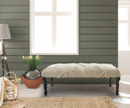 47" Cream and Black Cotton Upholstered Geometric Bench