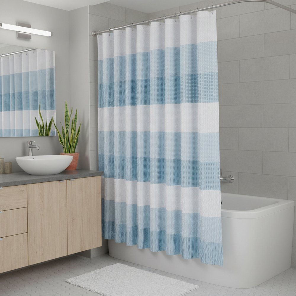 72" White And Blue Striped Shower Curtain