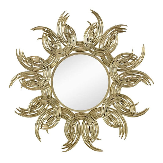Espejo decorativo abstracto dorado con marco de hierro y diseño de rayos de sol de 37"