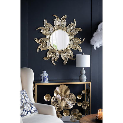 Espejo decorativo abstracto dorado con marco de hierro y diseño de rayos de sol de 37"