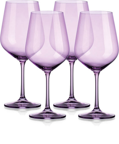 Juego de cuatro copas de vino tinto con tallo de globo de cristal morado