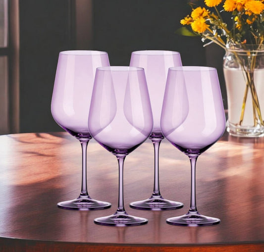 Juego de cuatro copas de vino tinto con tallo de globo de cristal morado