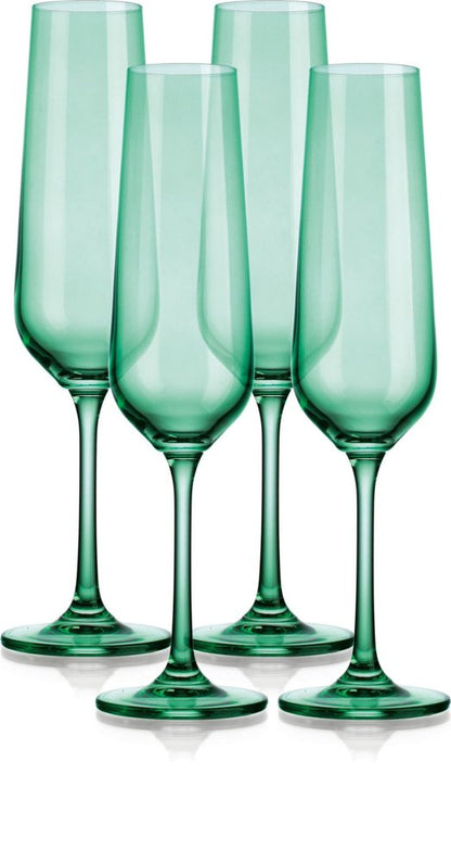 Juego de cuatro flautas de cristal verde con forma estrecha y tallo