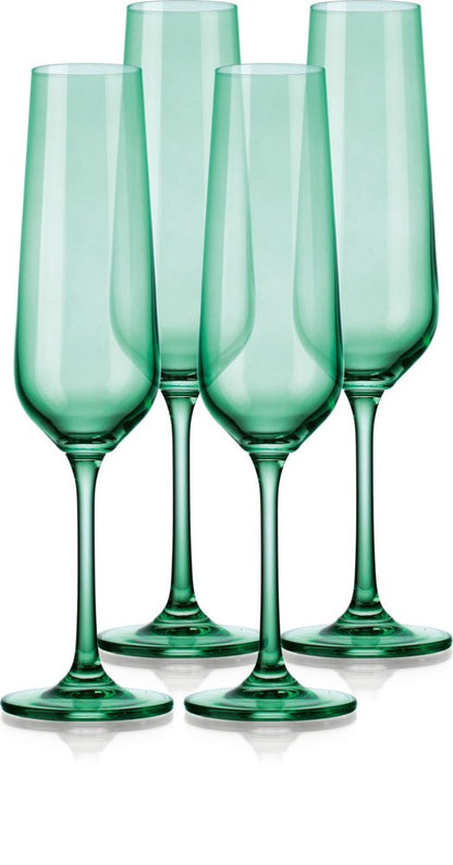 Juego de cuatro flautas de cristal verde con forma estrecha y tallo