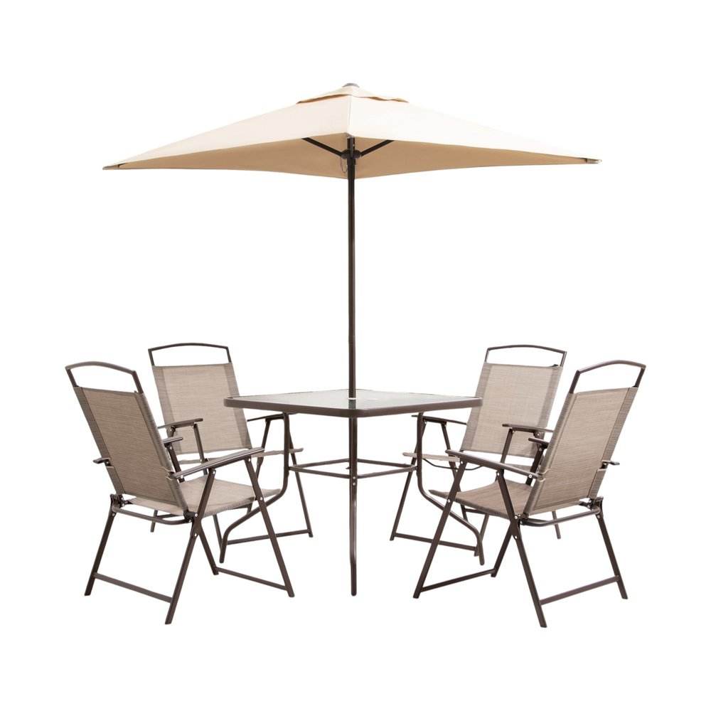 Six Piece Clear and Brown Square Glass Dining Set with Four Chairs