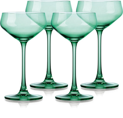 Juego de cuatro cuencos de cristal verde poco profundos con tallo cupé