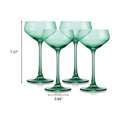 Juego de cuatro cuencos de cristal verde poco profundos con tallo cupé